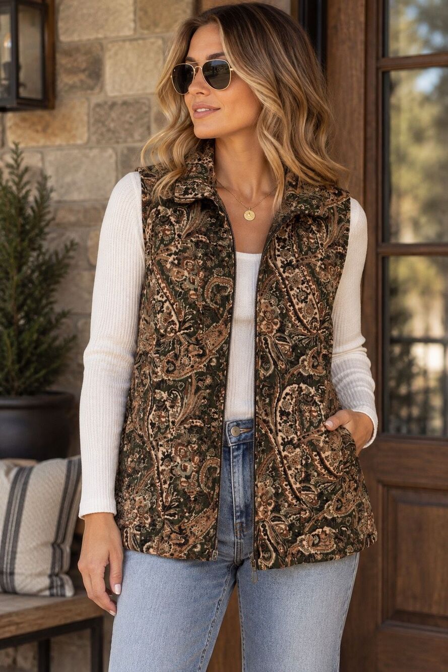 Koret Paisley Print Zip Front Fitted Vest Brown Green Size Large